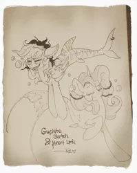 Size: 1019x1280 | Tagged: safe, artist:kez, derpibooru import, oc, oc:graphite sketch, oc:heart ink, unofficial characters only, merpony, original species, pegasus, shark pony, unicorn, female, gills, traditional art, underwater