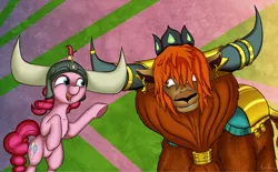 Size: 1415x877 | Tagged: safe, artist:calena, derpibooru import, pinkie pie, prince rutherford, pony, yak, not asking for trouble, abstract background, hair over eyes, helmet, honorary yak horns, hornbump, horned helmet, horns, viking helmet