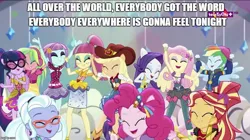 Size: 888x499 | Tagged: safe, derpibooru import, edit, edited screencap, screencap, applejack, fluttershy, lemon zest, pinkie pie, rainbow dash, rarity, sci-twi, sour sweet, sugarcoat, sunny flare, sunset shimmer, twilight sparkle, dance magic, equestria girls, spoiler:eqg specials, all over the world, clothes, electric light orchestra, ponied up, rapper dash, scitwilicorn, singing, song reference, tutu