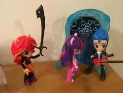 Size: 4032x3024 | Tagged: safe, artist:crazybeast, derpibooru import, sunset shimmer, twilight sparkle, equestria girls, doll, equestria girls minis, eqventures of the minis, guitar, irl, photo, sneaking, sword, toy, unsuspecting, weapon