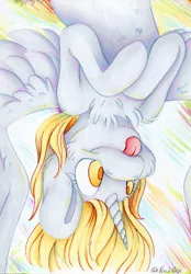 Size: 1725x2472 | Tagged: safe, artist:cutepencilcase, derpibooru import, derpy hooves, alicorn, pony, alicornified, chest fluff, derpicorn, female, mare, princess derpy, race swap, smiling, solo, spread wings, tongue out, upside down, wings