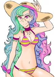 Size: 2492x3480 | Tagged: artist:dragonemperror2810, belly button, bikini, breasts, clothes, cute, cutelestia, derpibooru import, female, glasses, hat, human, humanized, looking at you, pink swimsuit, princess celestia, purple swimsuit, smiling, solo, striped swimsuit, suggestive, sun hat, swimsuit, traditional art, tricolor swimsuit, yellow swimsuit