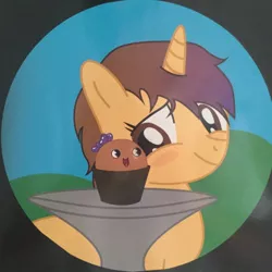 Size: 900x900 | Tagged: safe, derpibooru import, oc, oc:potata shambles, oc:ps, unofficial characters only, pony, unicorn, blushing, bow, brown eyes, brown mane, flower pot, food, glare, happy, hill, potato, purple mane, table, tan coat