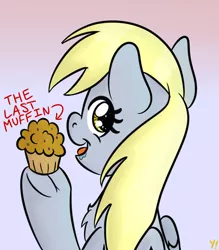 Size: 1750x2000 | Tagged: safe, artist:yakoshi, derpibooru import, derpy hooves, pegasus, pony, chest fluff, drool, food, gradient background, hoof hold, looking back, muffin, smiling, solo, starry eyes, underhoof, wingding eyes