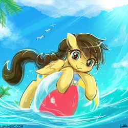 Size: 750x750 | Tagged: dead source, safe, artist:lumineko, derpibooru import, oc, unofficial characters only, pegasus, pony, beach ball, cute, female, floating, looking at you, mare, ocbetes, sky, smiling, solo, tree, water