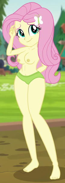 Size: 295x818 | Tagged: questionable, derpibooru import, edit, edited screencap, screencap, fluttershy, equestria girls, barefoot, belly button, breasts, clothes, feet, green underwear, nipples, nude edit, nudity, panties, partial nudity, topless, underwear