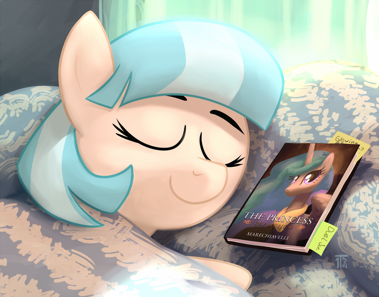 Size: 1200x941 | Tagged: safe, artist:1trick, derpibooru import, coco pommel, princess celestia, earth pony, pony, 1trickpone's sleeping ponies, bed, book, eyes closed, female, mare, niccolò machiavelli, pillow, sleeping, solo