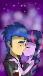 Size: 720x1280 | Tagged: safe, artist:xjenn9, derpibooru import, flash sentry, twilight sparkle, equestria girls, bare shoulders, clothes, couple, female, flashlight, kissing, male, shipping, sleeveless, straight, strapless