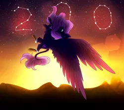 Size: 4500x4000 | Tagged: safe, artist:crazllana, derpibooru import, oc, oc:ender heart, unofficial characters only, pegasus, pony, absurd resolution, female, flying, leonine tail, mare, milestone, solo, sunset