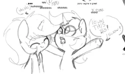 Size: 1233x736 | Tagged: safe, artist:lockheart, derpibooru import, lyra heartstrings, oc, oc:fancy fletch, pony, unicorn, armpits, dialogue, eyes closed, flockmod, giggling, monochrome, open mouth, ponytail, sketch, speech bubble