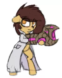 Size: 658x823 | Tagged: safe, artist:lockheart, derpibooru import, oc, oc:lockie, unofficial characters only, earth pony, pony, semi-anthro, axiom verge, clothes, gun, lab coat, sketch, solo, weapon