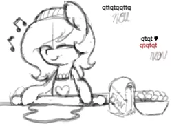 Size: 949x693 | Tagged: safe, artist:lockheart, derpibooru import, oc, oc:lockie, unofficial characters only, pony, apron, bowl, clothes, egg, eyes closed, flour, monochrome, music notes, rolling pin, sketch, smiling, solo