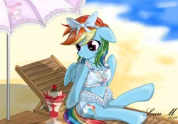 Size: 5000x3500 | Tagged: anthro, arm hooves, artist:avchonline, attached skirt, beach, breasts, cleavage, clothes, derpibooru import, female, food, frilled swimsuit, frozen (movie), ice cream, mare, my melody, pegasus, rainbow dash, rainbow dash always dresses in style, safe, sanrio, solo, sunbathing, sundae, swimsuit, unguligrade anthro