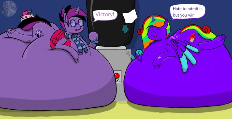 Size: 1529x781 | Tagged: questionable, artist:wyntermoon, derpibooru import, pinkie pie, oc, oc:amellia rose, oc:midnight coda, alicorn, earth pony, pony, unicorn, alicorn oc, award, belly, belly bed, belly inflation, clothes, contest, couple, cutie mark, glasses, heterochromia, hose, impossibly large belly, inflation, juice, machine, magic, rainbow hair, request, requested art, surrender, text, tube, white flag