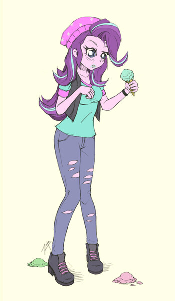 Size: 700x1200 | Tagged: safe, artist:zetamad, derpibooru import, starlight glimmer, equestria girls, mirror magic, spoiler:eqg specials, beanie, dropped ice cream, food, hat, ice cream, ice cream cone, signature, solo