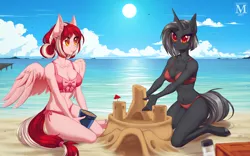 Size: 1602x1000 | Tagged: suggestive, artist:margony, derpibooru import, oc, oc:cherry blossom, oc:shurelya, unofficial characters only, anthro, pegasus, unguligrade anthro, unicorn, anthro oc, beach, bikini, breasts, cleavage, clothes, commission, couple, female, lesbian, mare, oc x oc, sand castle, shipping, smiling, sun, swimsuit, water