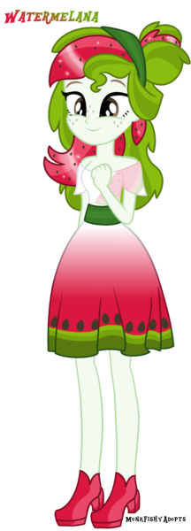 Size: 1500x4172 | Tagged: safe, artist:monkfishyadopts, derpibooru import, oc, oc:watermelana, unofficial characters only, equestria girls, base used, clothes, dress, equestria girls-ified, freckles, headband, melon, simple background, smiling, solo, standing, transparent background, watermelon
