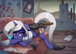 Size: 3000x2120 | Tagged: safe, artist:darksittich, derpibooru import, oc, oc:lady midday, unofficial characters only, pony, unicorn, fallout equestria, anti-machine rifle, anti-materiel rifle, building, commission, couch, detailed background, female, graffiti, gun, lying down, mare, scenery, solo, tunnel snakes rule, wasteland, weapon