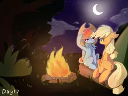 Size: 1400x1050 | Tagged: safe, artist:irenla, derpibooru import, applejack, rainbow dash, earth pony, pegasus, pony, accessory swap, appledash, campfire, camping, cowboy hat, crescent moon, female, freckles, hat, lesbian, log, mare, moon, night, shipping, sitting, stars, stetson, tent, tongue out, transparent moon