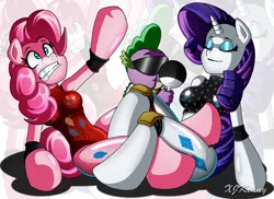 Size: 1000x727 | Tagged: anthro, arm hooves, artist:xjkenny, breasts, clothes, derpibooru import, dragon, fan, female, mare, pinkie pie, rarity, smiling, spike, suggestive, sunglasses, trio, unguligrade anthro, wrestling, zoom layer