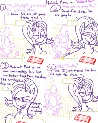 Size: 1280x1611 | Tagged: safe, artist:adorkabletwilightandfriends, derpibooru import, spike, starlight glimmer, dragon, pony, comic:adorkable twilight and friends, adorkable friends, blushing, car, chest fluff, comic, dialogue, flirting, implied sparlight, lidded eyes, lineart, map, slice of life, smiling, sweat, teasing, volvo