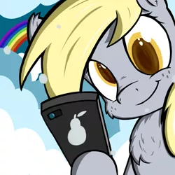 Size: 1500x1500 | Tagged: safe, artist:greenfinger, derpibooru import, derpy hooves, pony, cloud, hoof hold, iphone, mobile phone, phone, rainbow, selfie, smartphone, smiling