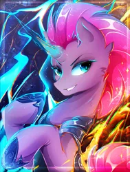 Size: 1816x2400 | Tagged: safe, artist:koveliana, derpibooru import, tempest shadow, pony, unicorn, my little pony: the movie, broken horn, chromatic aberration, color porn, female, looking at you, mare, smiling, solo