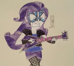 Size: 947x843 | Tagged: safe, artist:malevolentsamson, artist:psygcosis507, derpibooru import, rarity, equestria girls, badass, clothes, fishnets, flying v, guitar, guitarity, hairpin, jacket, leather jacket, nail polish, simple background, solo, traditional art