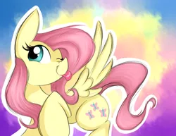 Size: 1024x790 | Tagged: safe, artist:lcpegasister75, derpibooru import, fluttershy, pegasus, pony, female, looking sideways, mare, one eye closed, smiling, solo, spread wings, tongue out, wings, wink