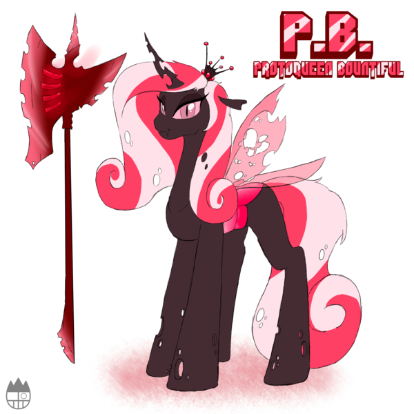 Size: 1400x1400 | Tagged: artist:sanyo2100, changeling, changeling oc, changeling queen, changeling queen oc, derpibooru import, female, looking at you, multiple wings, oc, oc:protoqueen bountiful, red changeling, safe, unofficial characters only, weapon