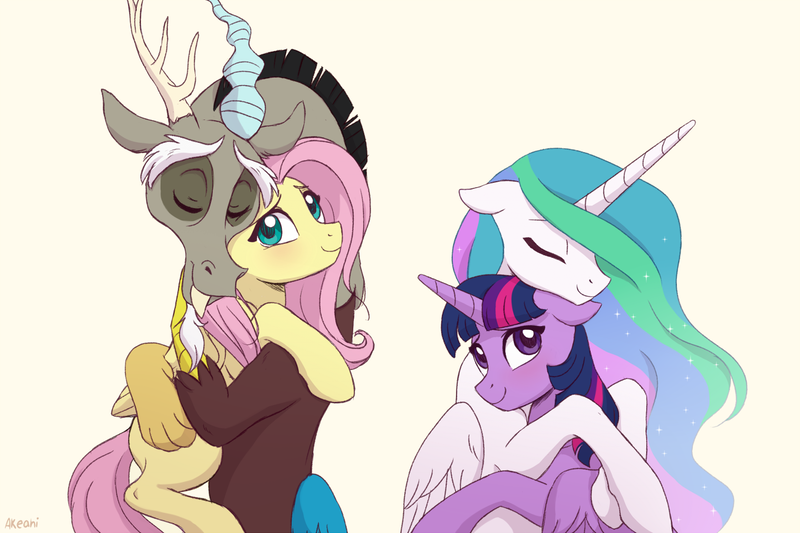 Size: 1300x866 | Tagged: safe, artist:akeahi, derpibooru import, discord, fluttershy, princess celestia, twilight sparkle, twilight sparkle (alicorn), alicorn, pony, blushing, cute, discoshy, discute, eyes closed, female, floppy ears, hug, lesbian, looking back, male, shipping, simple background, smiling, straight, twilestia