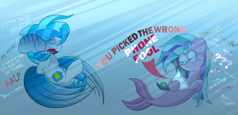 Size: 3500x1700 | Tagged: safe, artist:dannykay4561, derpibooru import, oc, oc:cloud flicker, oc:swirly shells, unofficial characters only, mermaid, pegasus, pony, asphyxiation, drowning, duo, large wings, phone, underwater, wings