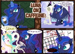 Size: 4823x3445 | Tagged: safe, artist:darkest-lunar-flower, derpibooru import, princess celestia, princess luna, alicorn, pony, bloodshot eyes, bone, caffeine, celestia is not amused, coffee, crazy face, drool, eyelashes, eyeshadow, faic, female, horns are touching, insanity, luna found the coffee, makeup, mare, messy mane, missing accessory, run for your lives, skeleton, unamused, xk-class end-of-the-world scenario