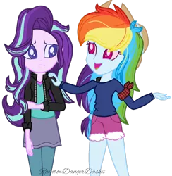 Size: 1024x1051 | Tagged: safe, artist:bezziie, derpibooru import, rainbow dash, starlight glimmer, equestria girls, alternate hairstyle, alternate universe, base used, clothes, female, hat, shorts, simple background, skirt, transparent background