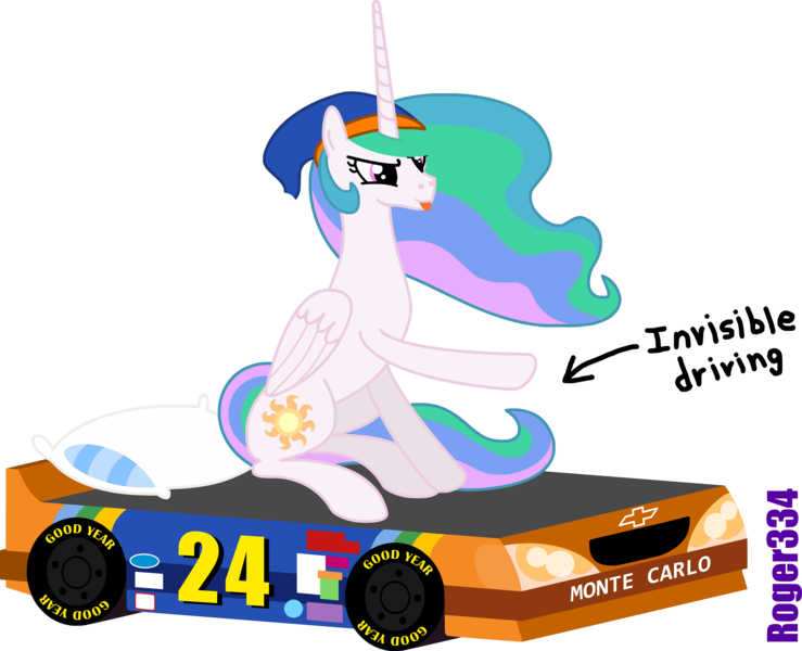 Size: 3112x2525 | Tagged: safe, artist:roger334, derpibooru import, princess celestia, pony, bed, female, jeff gordon, mare, nascar, race car bed, simple background, solo, transparent background