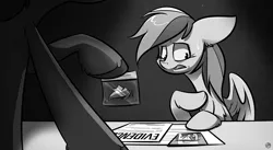 Size: 2500x1370 | Tagged: safe, artist:kez, derpibooru import, rainbow dash, rarity, pony, rarity investigates, evidence, hair, monochrome