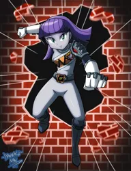 Size: 2306x3000 | Tagged: safe, artist:danmakuman, derpibooru import, maud pie, equestria girls, action pose, action shot, brick wall, clothes, commission, crossover, dino charge, female, graphite ranger, kyoryu gray, kyoryuger, looking at you, power rangers, power rangers dino charge, punch, saban, signature, solo, speed lines, super sentai, zyuden sentai kyoryuger