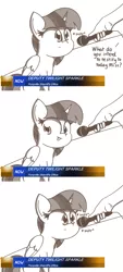 Size: 3032x6716 | Tagged: dead source, safe, artist:pastelhorses, derpibooru import, twilight sparkle, twilight sparkle (alicorn), alicorn, pony, :p, behaving like a dog, comic, horses doing horse things, implied human, meme, microphone, monochrome, news report, sniffing, tongue out