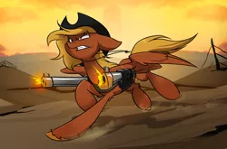 Size: 2269x1500 | Tagged: safe, artist:kez, derpibooru import, oc, oc:calamity, unofficial characters only, pegasus, pony, fallout equestria, fanfic, battle saddle, dashite, fanfic art, firing, floppy ears, gun, hat, hooves, male, rifle, running, shooting, solo, spread wings, stallion, teeth, wasteland, weapon, wings