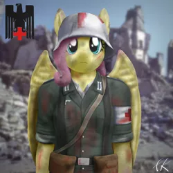 Size: 2500x2500 | Tagged: anthro, artist:facelesssoles, blood, clothes, derpibooru import, dirty, fluttershy, helmet, high res, medic, nazi, red cross, reichsadler, rolled up sleeves, semi-grimdark, solo, stahlhelm, suspenders, thousand yard stare, uniform