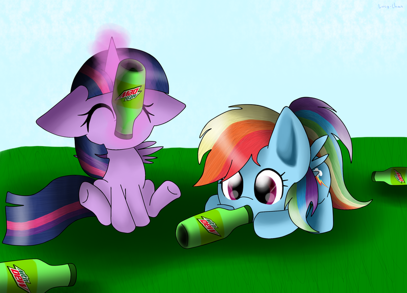 Size: 1024x737 | Tagged: safe, artist:envygirl95, derpibooru import, rainbow dash, twilight sparkle, twilight sparkle (alicorn), alicorn, pony, bottle, chibi, drinking, duo, levitation, magic, mountain dew, telekinesis