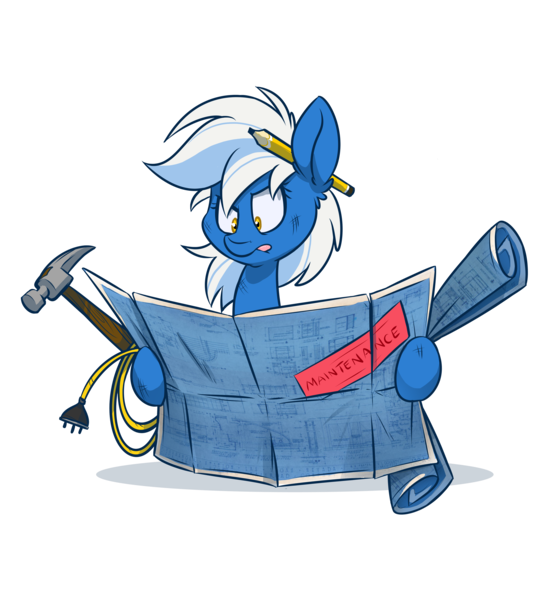 Size: 4390x4808 | Tagged: safe, artist:kez, derpibooru import, oc, oc:azura, unofficial characters only, pony, absurd resolution, blueprint, cable, hammer, maintenance, pencil, plug, simple background, solo, tongue out, transparent background