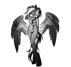 Size: 912x852 | Tagged: anthro, artist:kez, breasts, derpibooru import, female, grayscale, monochrome, nudity, oc, oc:graphite sketch, pegasus, simple background, solo, solo female, suggestive, unguligrade anthro, unofficial characters only, white background