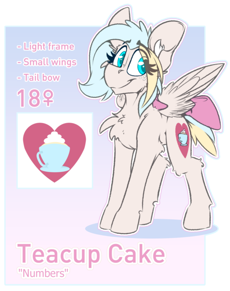 Size: 2832x3579 | Tagged: safe, artist:ralek, derpibooru import, oc, oc:teacup cake, unofficial characters only, pegasus, pony, bow, cutie mark, female, gradient background, reference sheet, simple background, solo, tail bow, transparent background