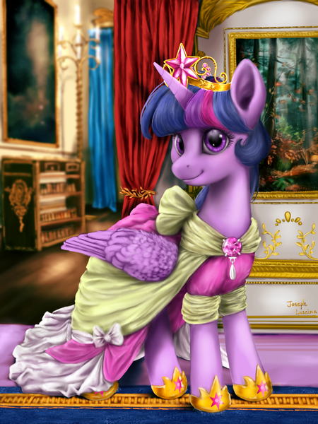 Size: 1500x2000 | Tagged: dead source, safe, artist:rossignolet, derpibooru import, twilight sparkle, twilight sparkle (alicorn), alicorn, pony, clothes, coronation dress, crown, dress, element of magic, female, looking at you, mare, regalia, smiling, solo