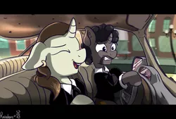 Size: 1280x866 | Tagged: safe, artist:rainihorn, derpibooru import, jules winnfield, vincent vega, ponified, pony, car, clothes, driving, ear piercing, eyes closed, john travolta, movie reference, open mouth, piercing, pulp fiction, samuel l jackson, suit, vehicle