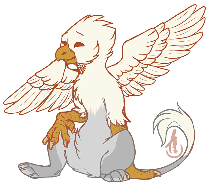 Size: 1000x896 | Tagged: safe, artist:tevayra, derpibooru import, oc, oc:der, unofficial characters only, gryphon, behaving like a bird, birds doing bird things, preening, sitting, solo, wings