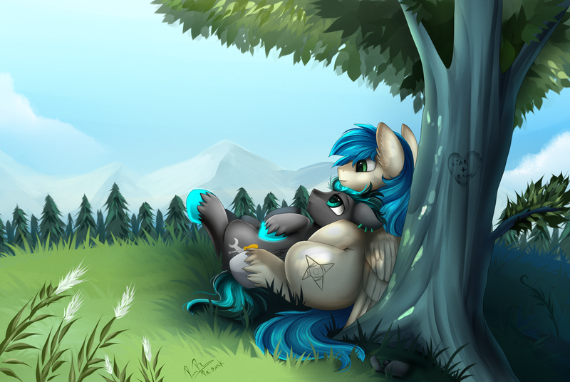 Size: 4117x2757 | Tagged: safe, artist:pridark, derpibooru import, oc, oc:rain runner, oc:star, unofficial characters only, pegasus, pony, absurd resolution, against tree, commission, cute, forest, gay, grass, lying, male, mountain, on back, outdoors, pine tree, relaxing, scenery, smiling, stallion, tree, tree carving, under the tree
