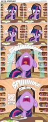 Size: 3300x8403 | Tagged: safe, artist:perfectblue97, derpibooru import, twilight sparkle, earth pony, pony, comic:without magic, blank flank, book, bookshelf, bread, butter, comic, crying, earth pony twilight, flower, food, golden oaks library, knife, plate, poster, table