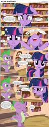 Size: 3300x8380 | Tagged: safe, artist:perfectblue97, derpibooru import, spike, twilight sparkle, dragon, earth pony, pony, comic:without magic, blank flank, book, bookshelf, comic, earth pony twilight, floppy ears, golden oaks library